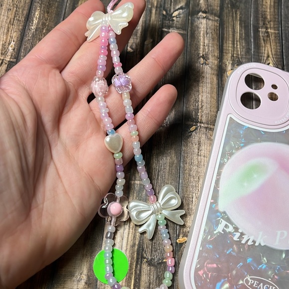 5for$10 Pink Peach Holographic Pink IPhone 12 Phone Case With Beaded Wristlet - Picture 3 of 6